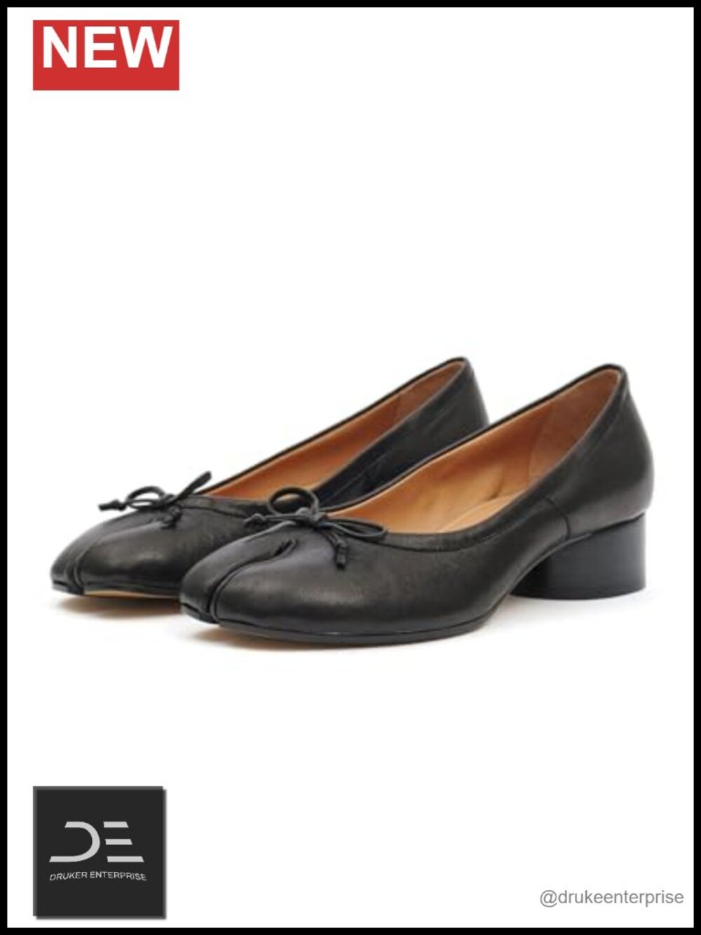 Black Split Toe Tabi Ballet Heels Faux Leather Low Chunky Heel Pumps
